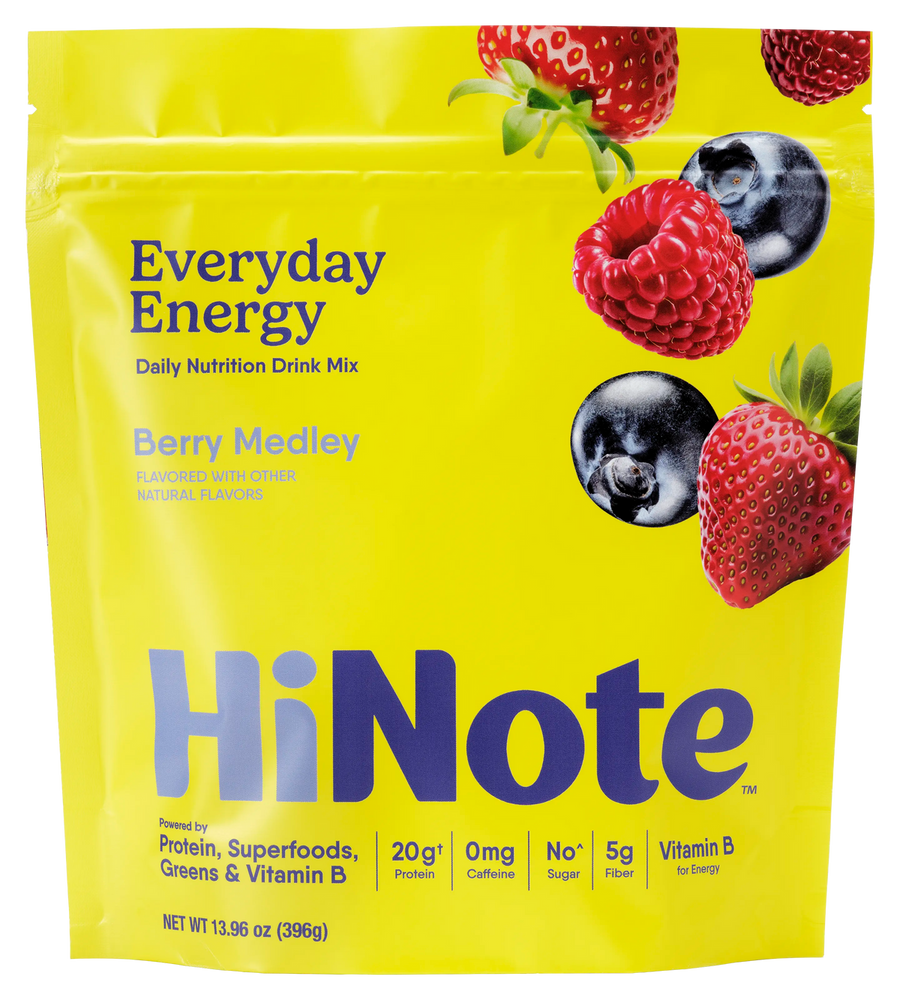 HiNote Everyday Energy Berry Medley pouch and prepared drink