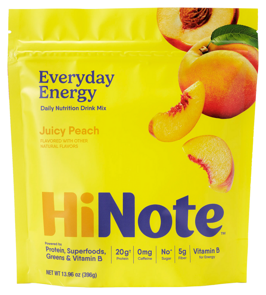 HiNote Everyday Energy Juicy Peach pouch and prepared drink
